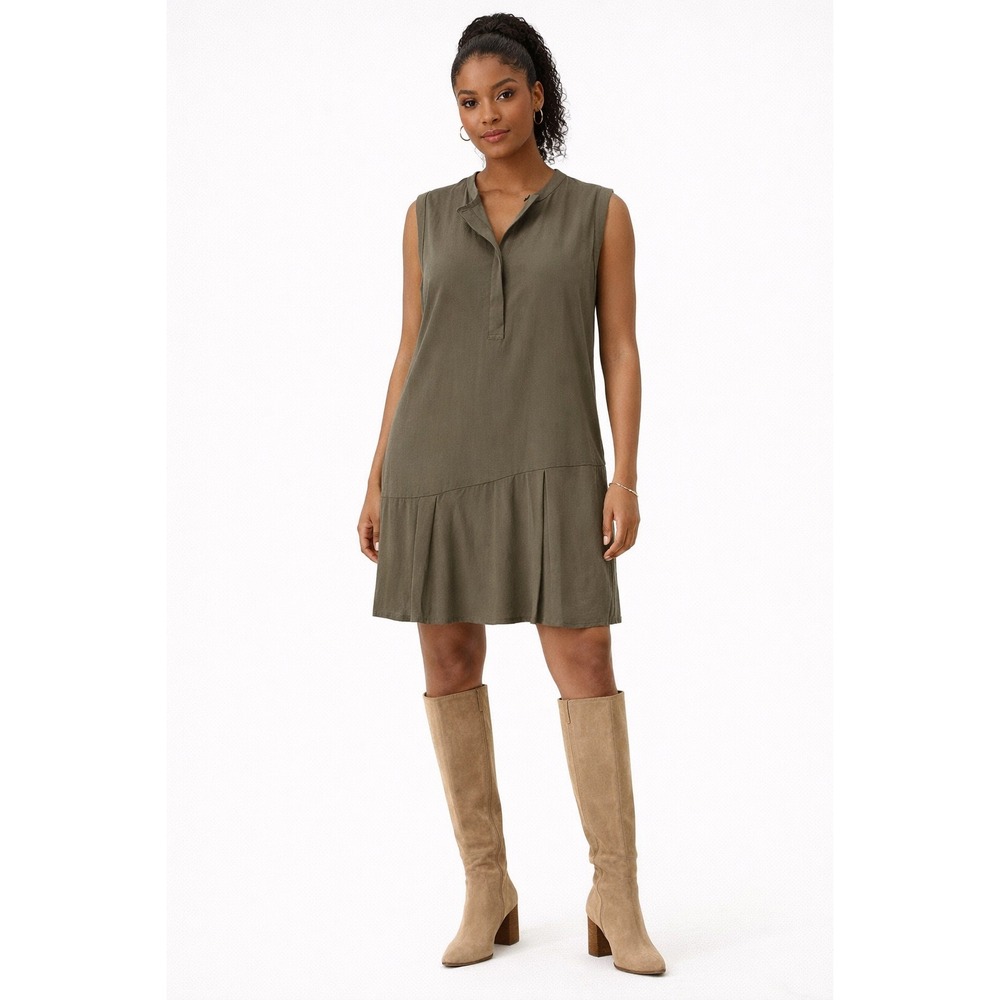 AllSaints Roka Dress Women 10 Olive Green Silk Blend Drop Waist Pleated Hem $308